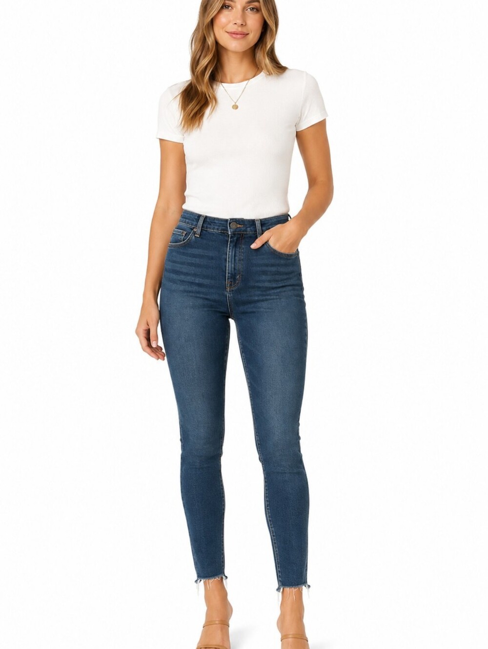 We The Free Women's Skinny Jeans Raw Hem Elastic Waist Blue Denim Size 26